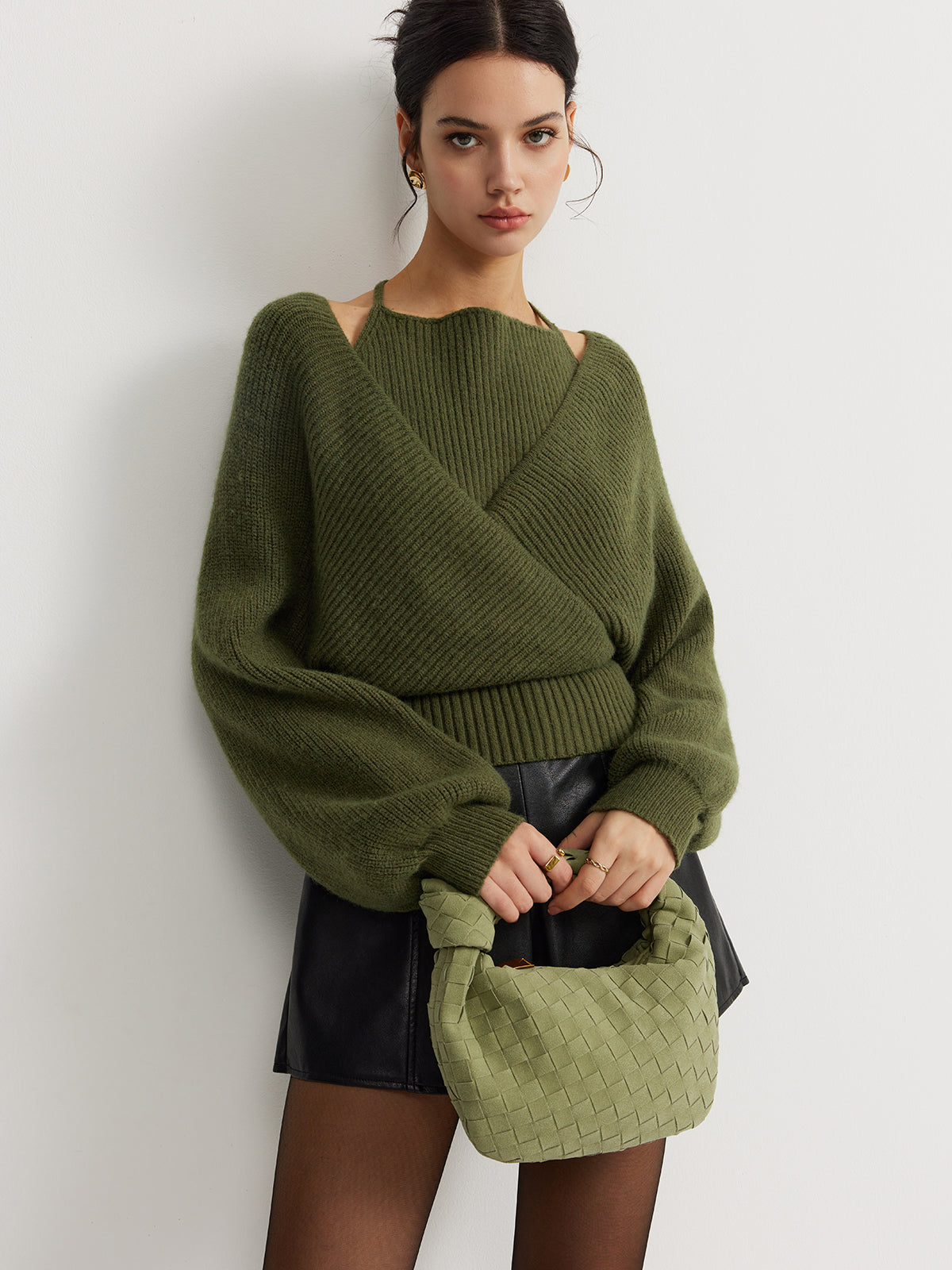 2 in 1 Bat Sleeve Halter Knit Top-Massicos