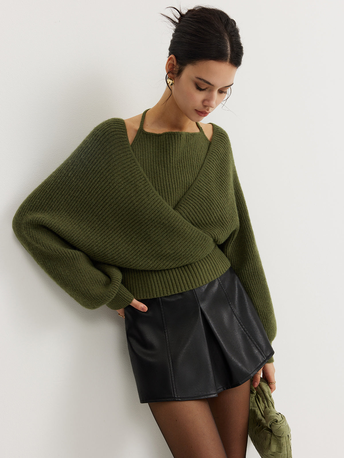 2 in 1 Bat Sleeve Halter Knit Top-Massicos