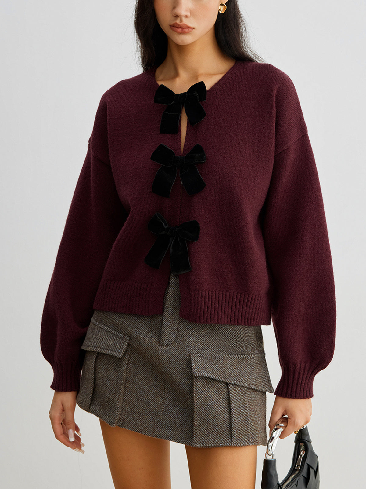 Velvet-Bow Lantern Sleeve Sweater-Massicos