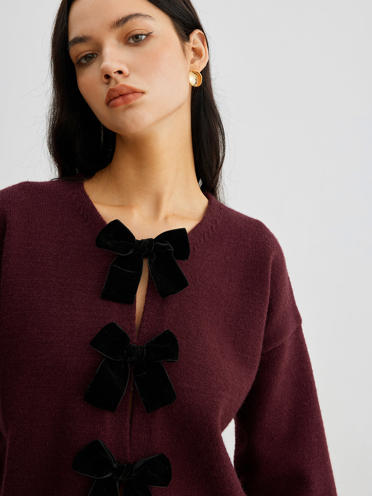 Velvet-Bow Lantern Sleeve Sweater-Massicos