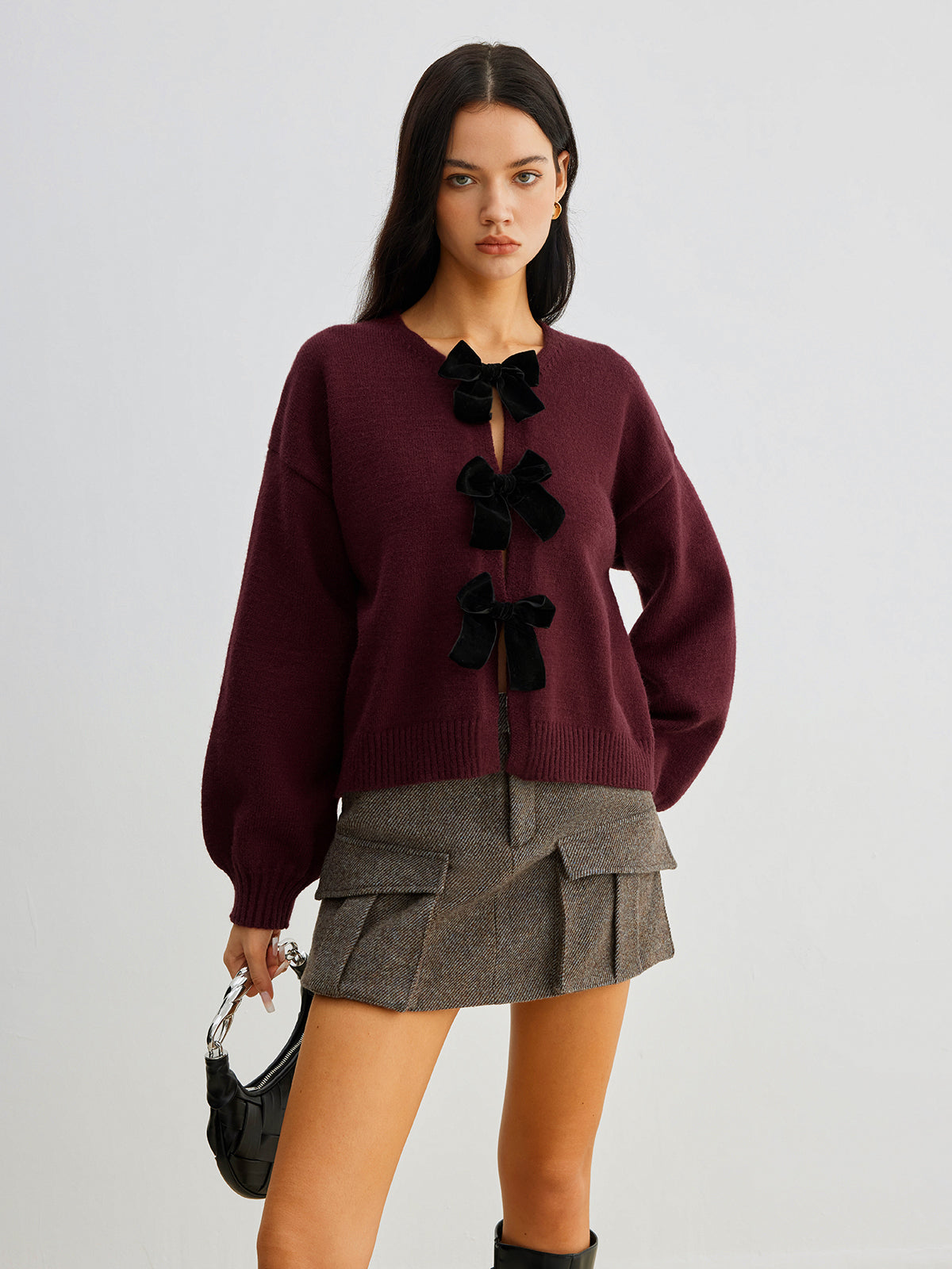 Velvet-Bow Lantern Sleeve Sweater-Massicos