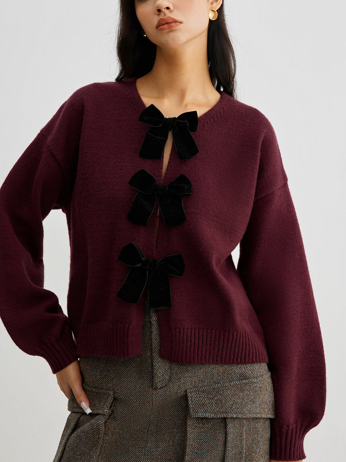 Velvet-Bow Lantern Sleeve Sweater-Massicos
