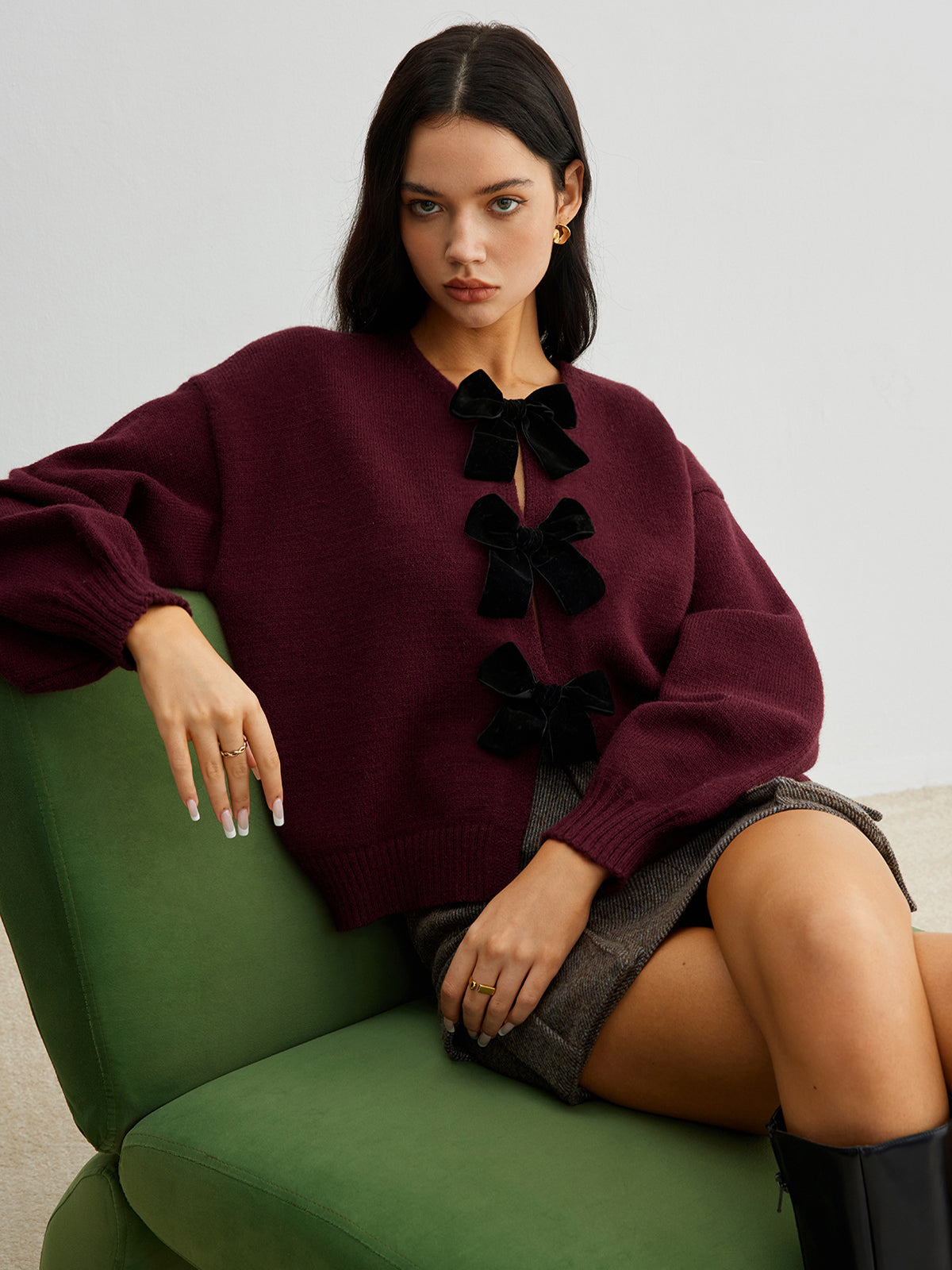 Velvet-Bow Lantern Sleeve Sweater-Massicos