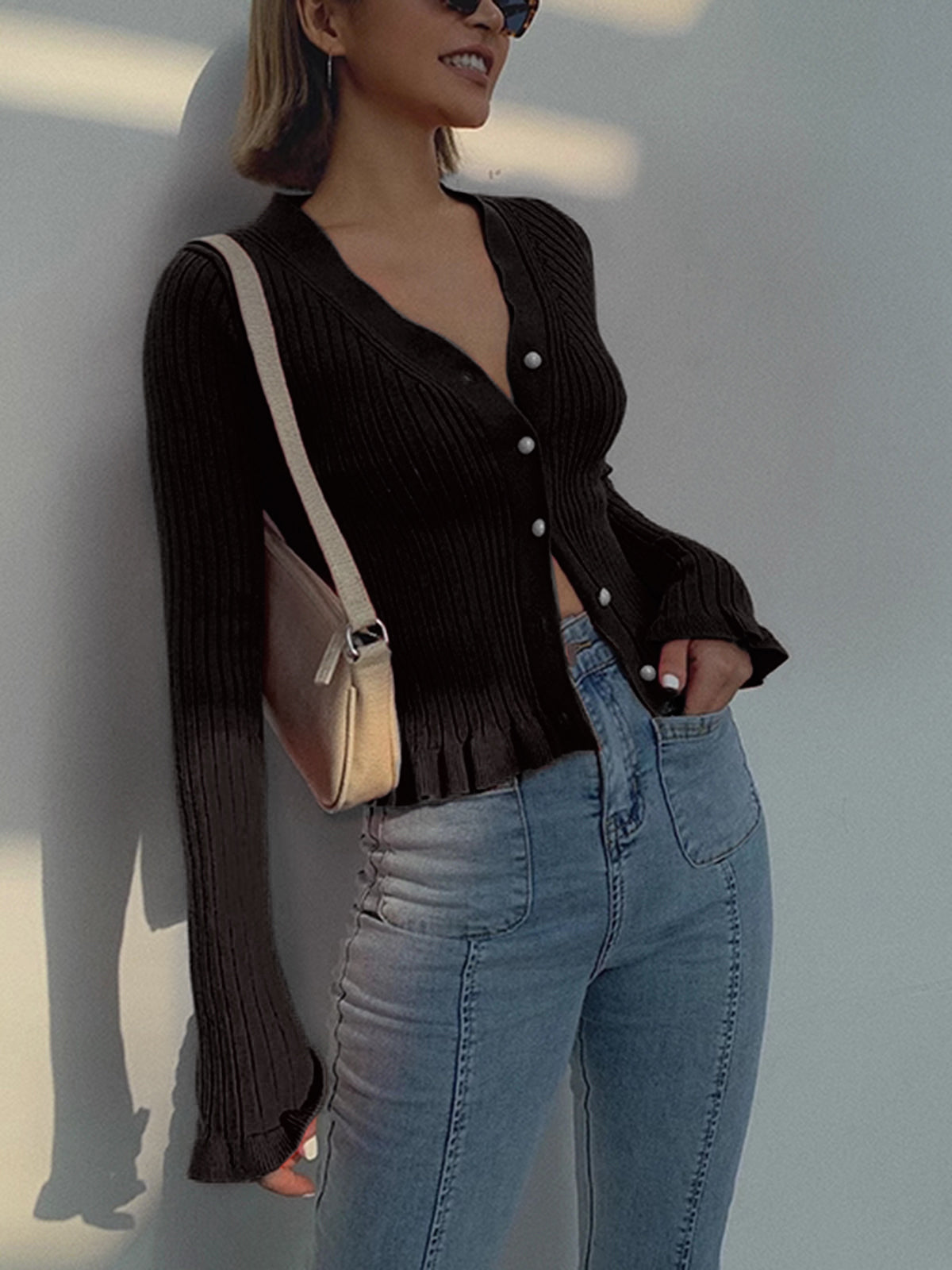 Ruffled Trim Pearl Button Long Sleeve Cardigan-Massicos