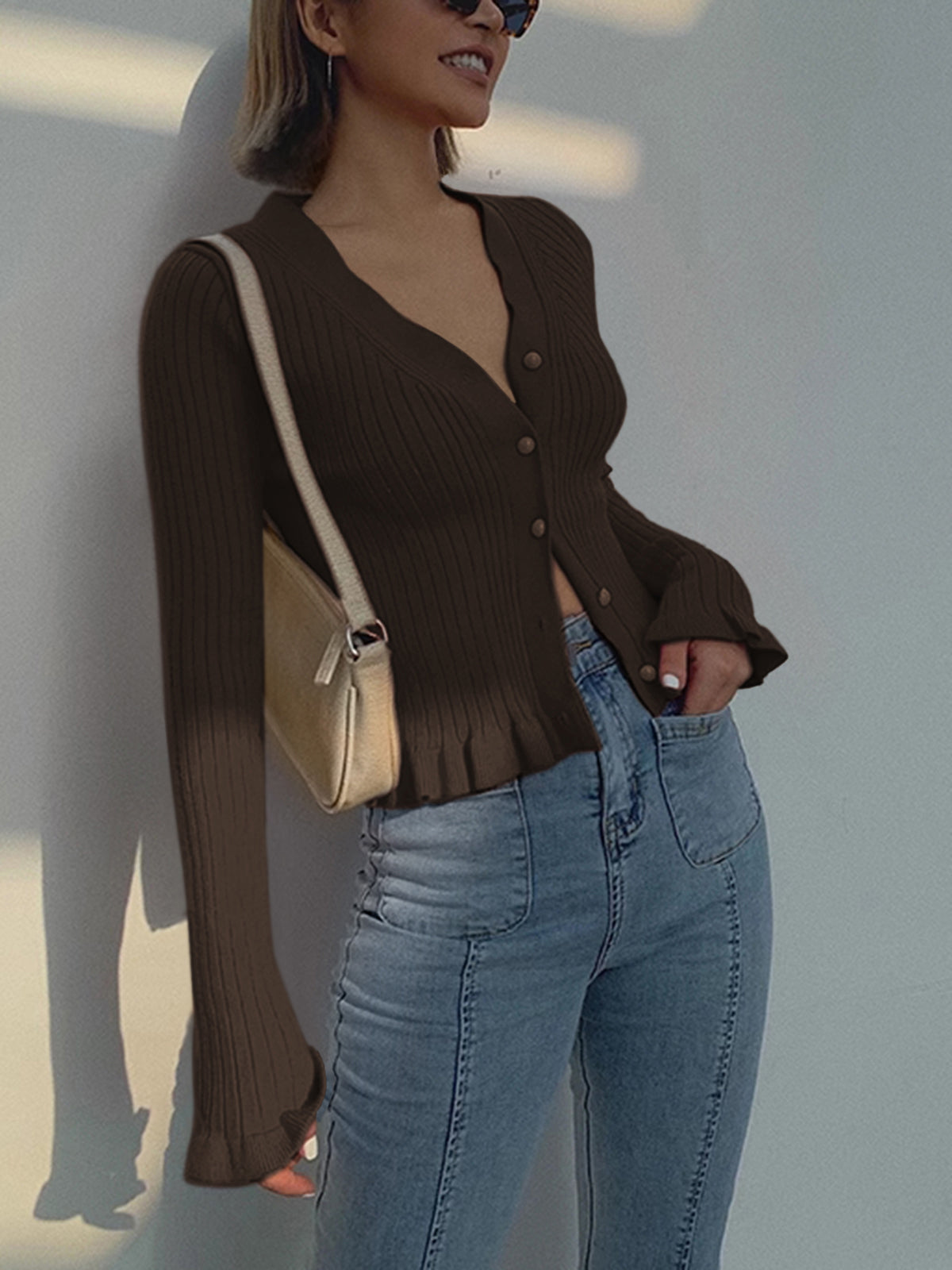 Ruffled Trim Pearl Button Long Sleeve Cardigan-Massicos