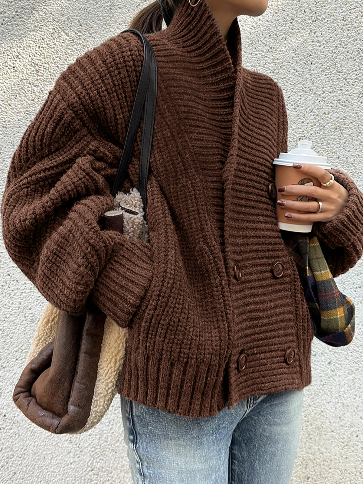 Ribbed Lapel Button Knit Outerwear-Massicos