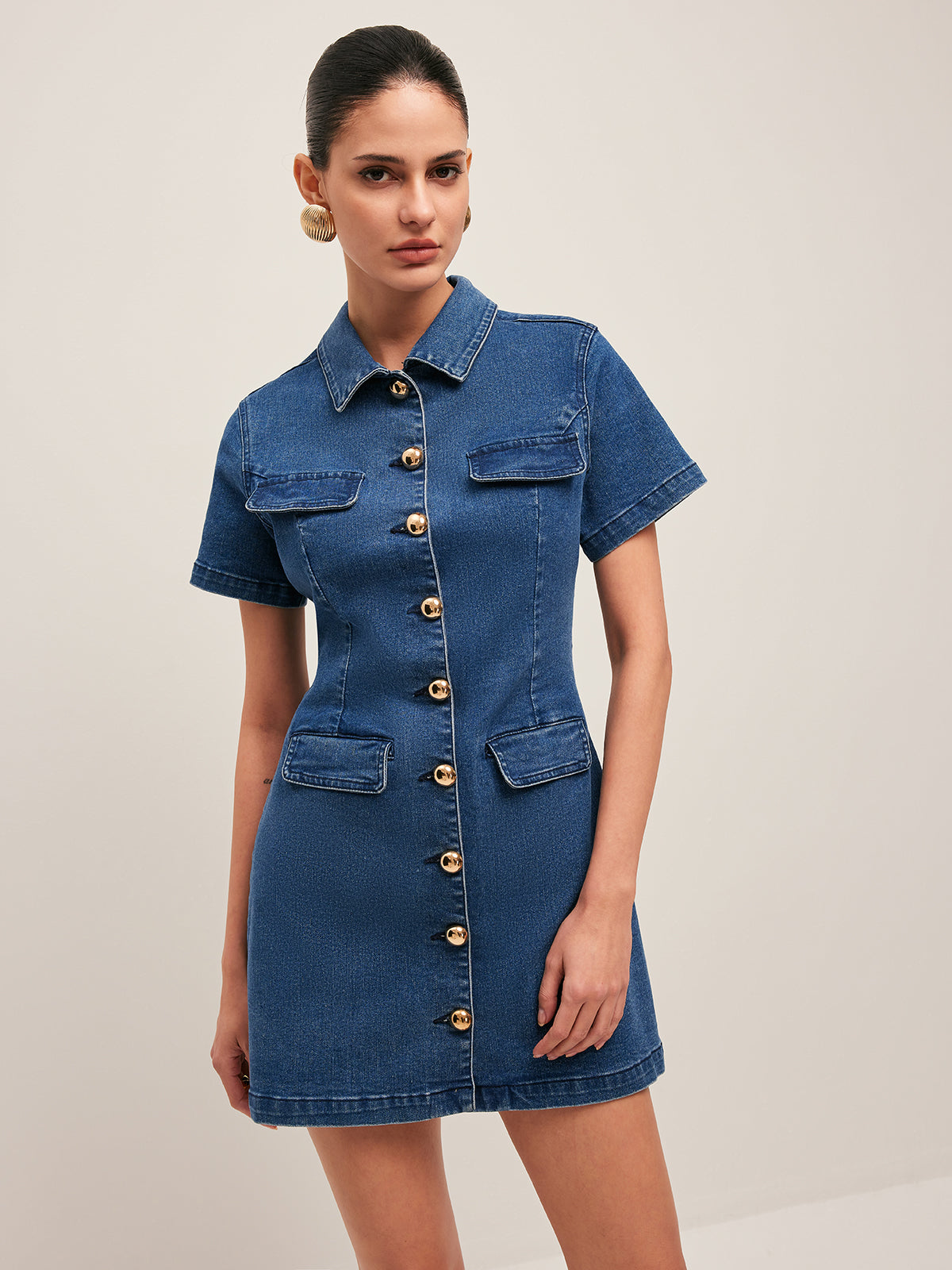 Button Denim Shirt Dress-Mesadic