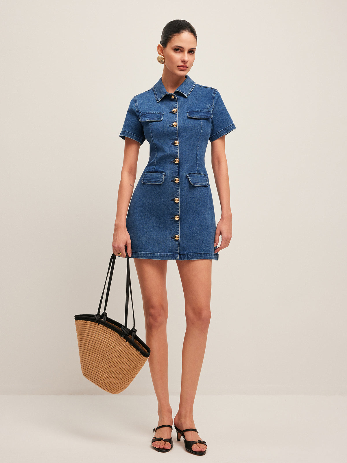 Button Denim Shirt Dress-Mesadic