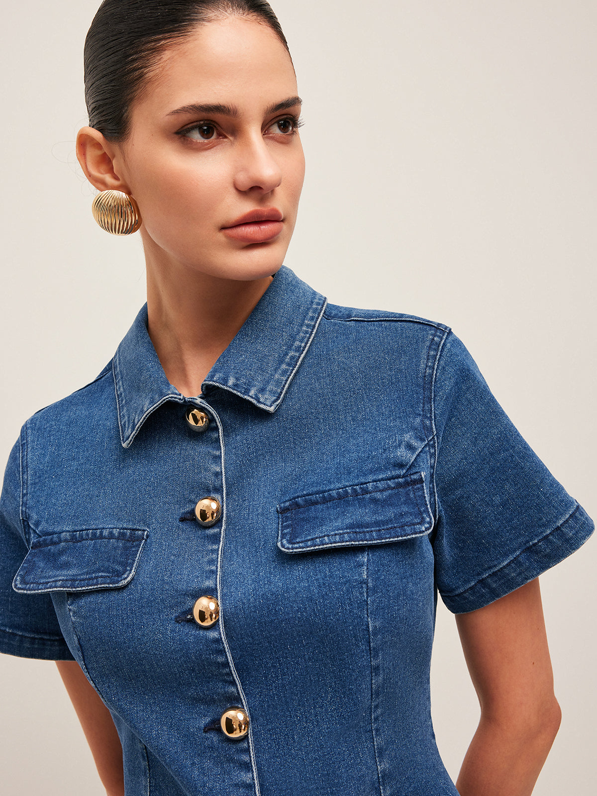 Button Denim Shirt Dress-Mesadic