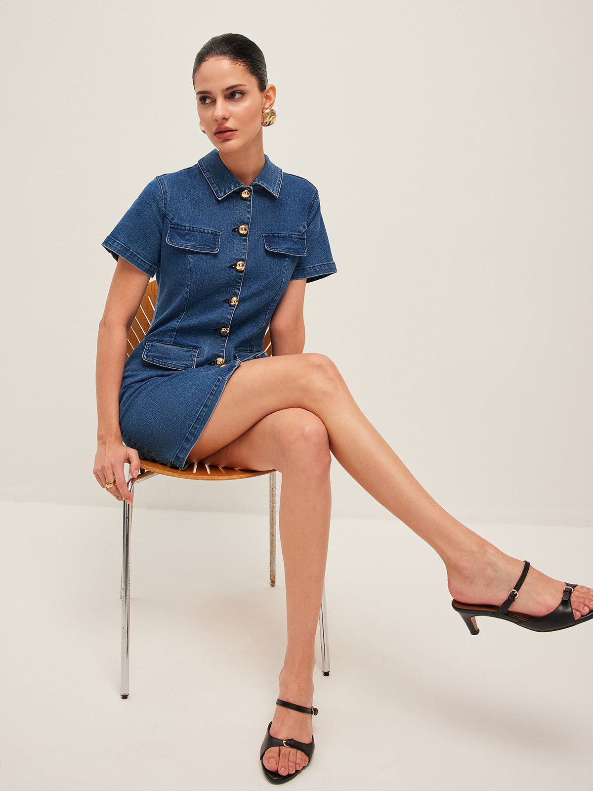 Button Denim Shirt Dress-Mesadic