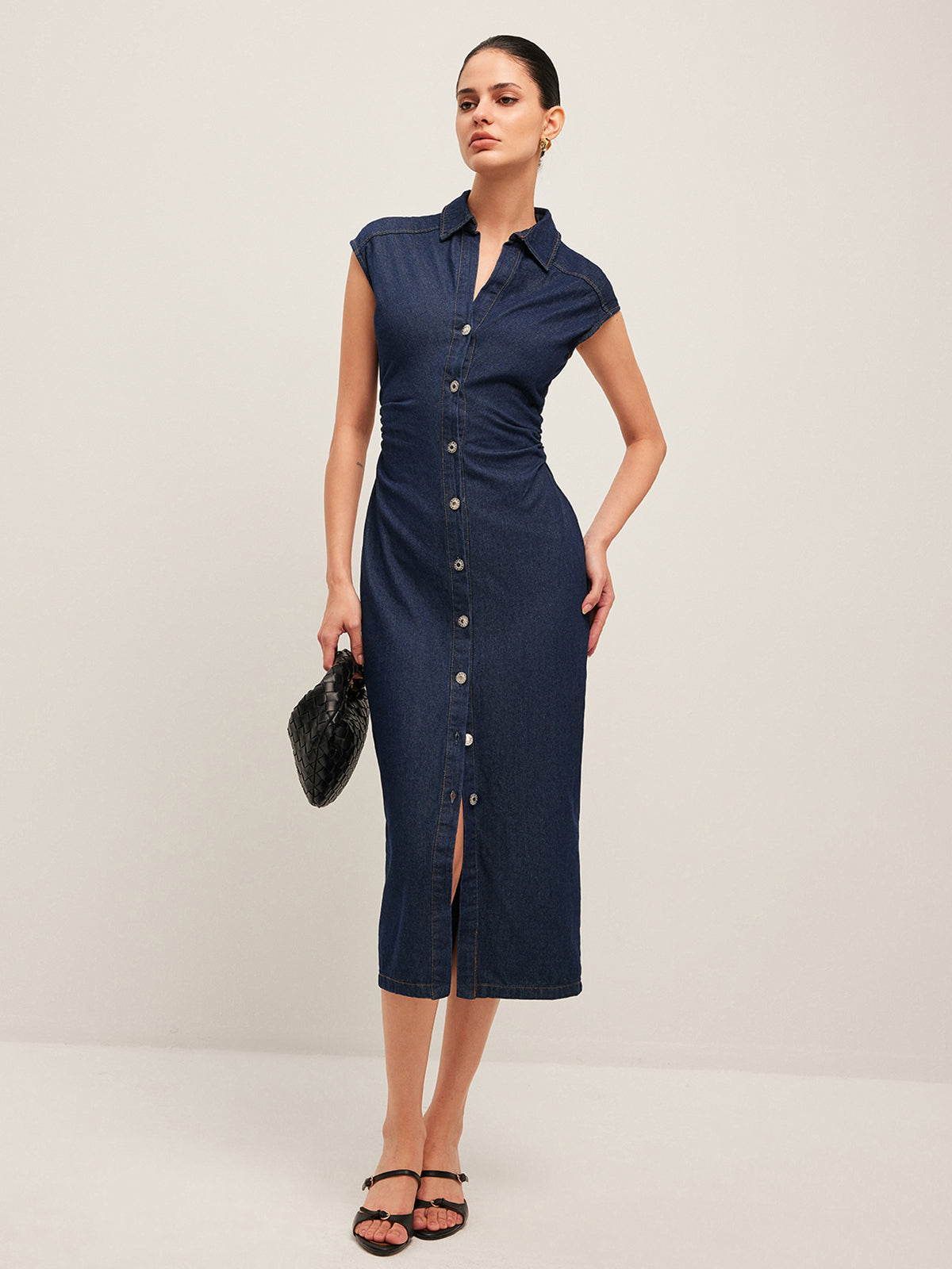 V-Neck Sleeveless Button Denim Dress-Mesadic
