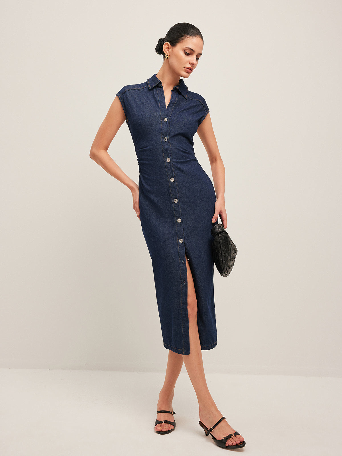 V-Neck Sleeveless Button Denim Dress-Mesadic