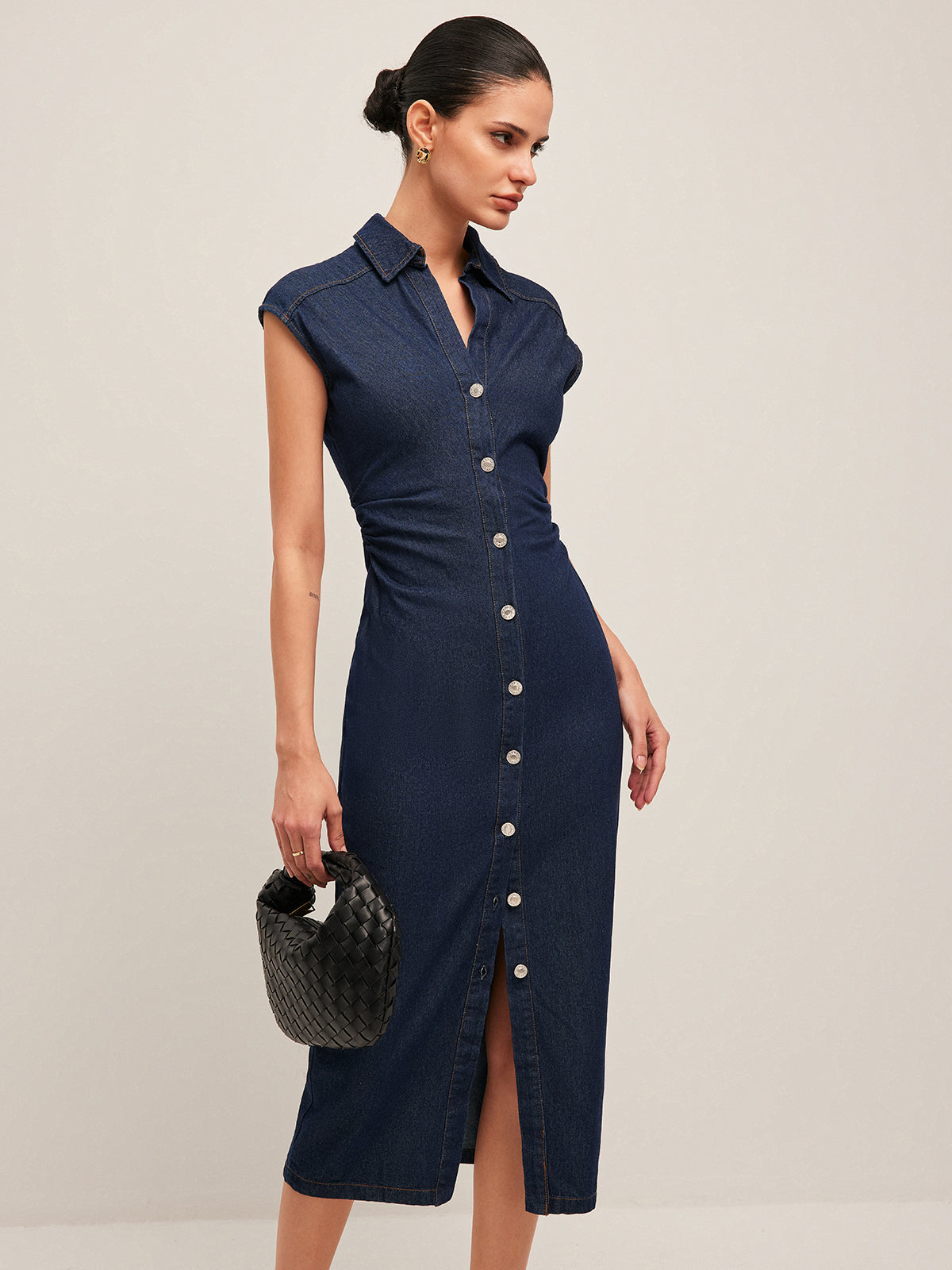 V-Neck Sleeveless Button Denim Dress-Mesadic