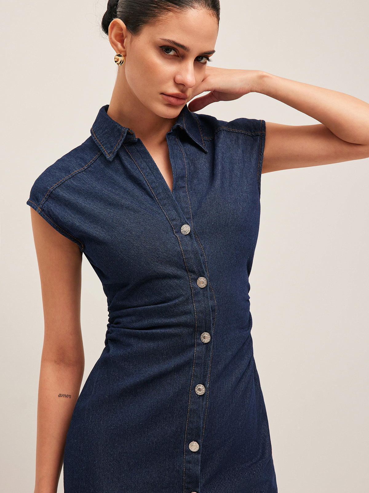V-Neck Sleeveless Button Denim Dress-Mesadic