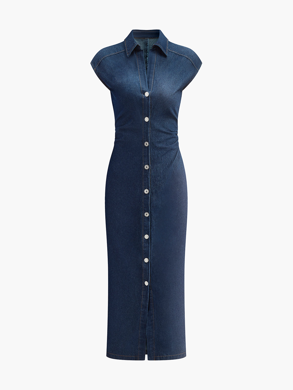 V-Neck Sleeveless Button Denim Dress-Mesadic