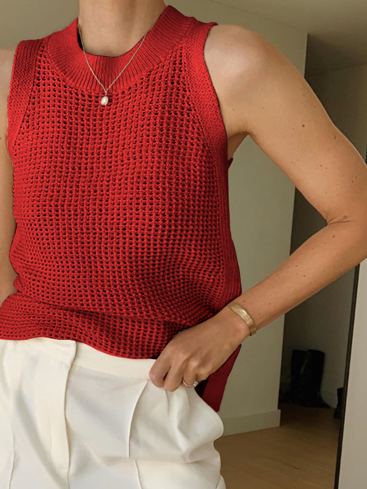 Knit Hollow Solid Tank Top-Massicos