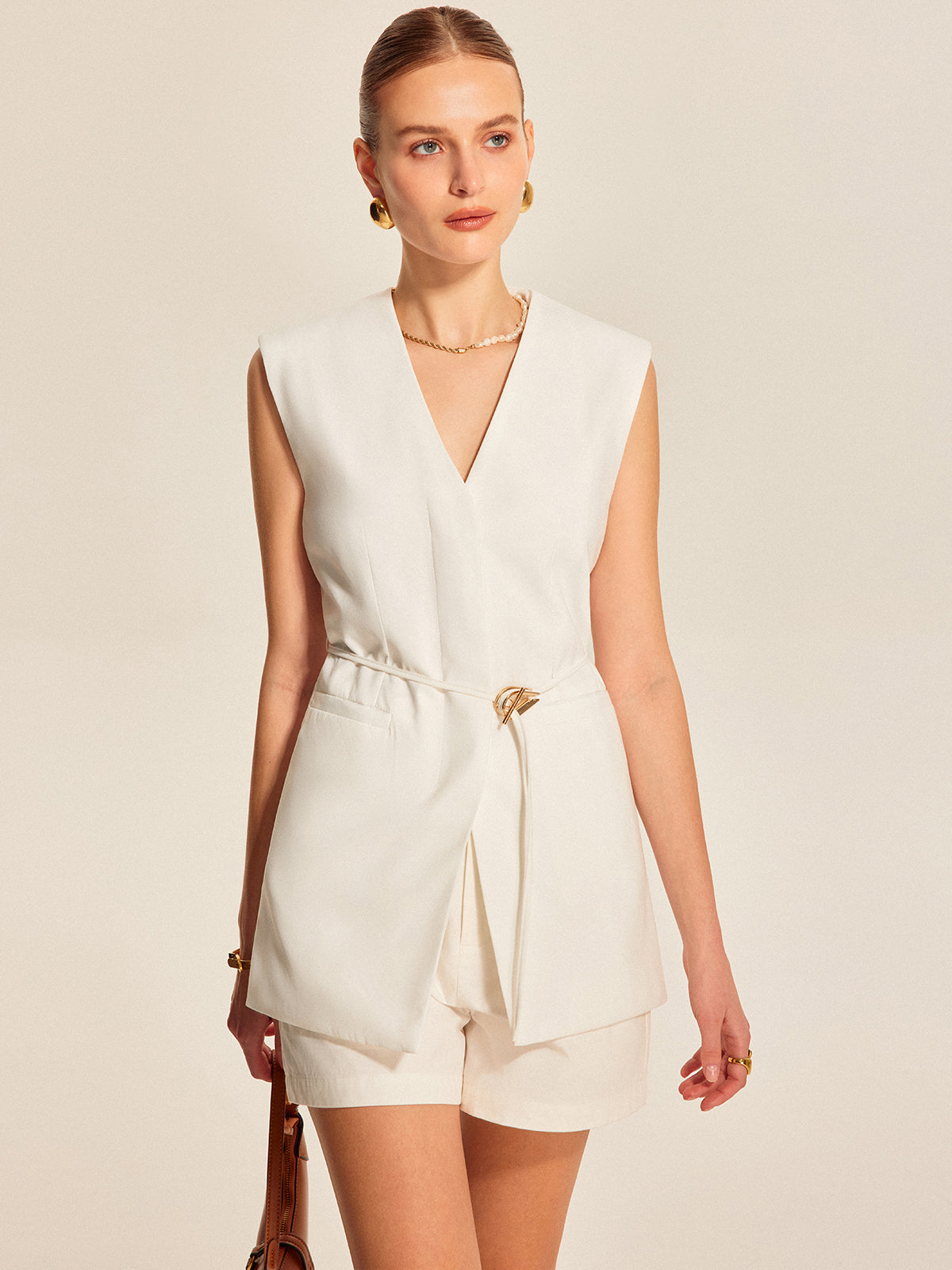 Belted V-Neck Sleeveless Vest-Massicos