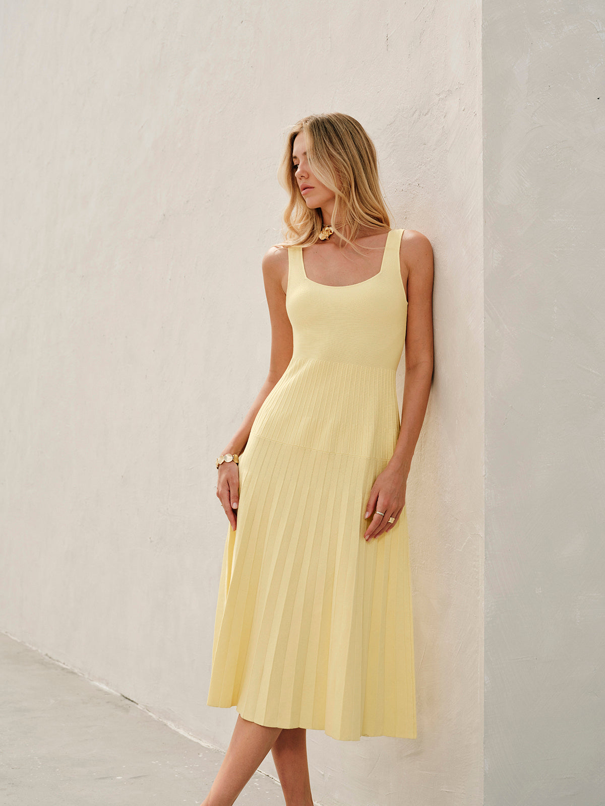Square-Neck Ribbed Knit Dress-Mesadic