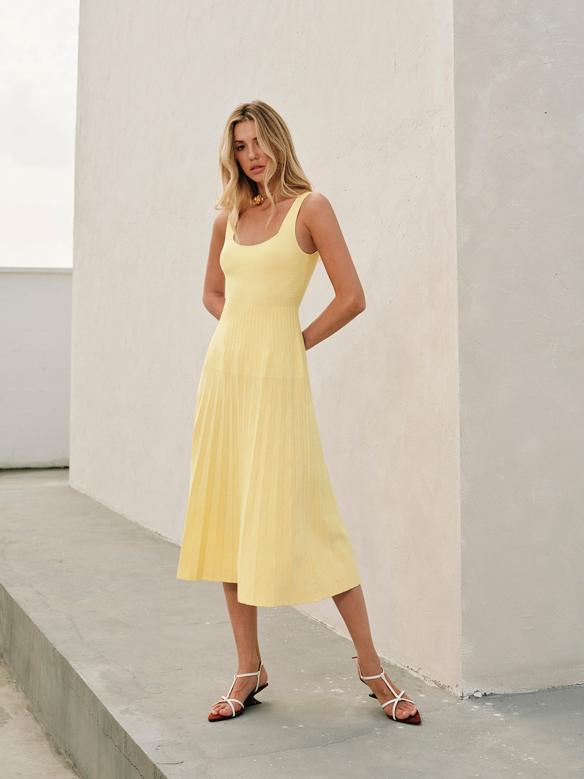 Square-Neck Ribbed Knit Dress-Mesadic