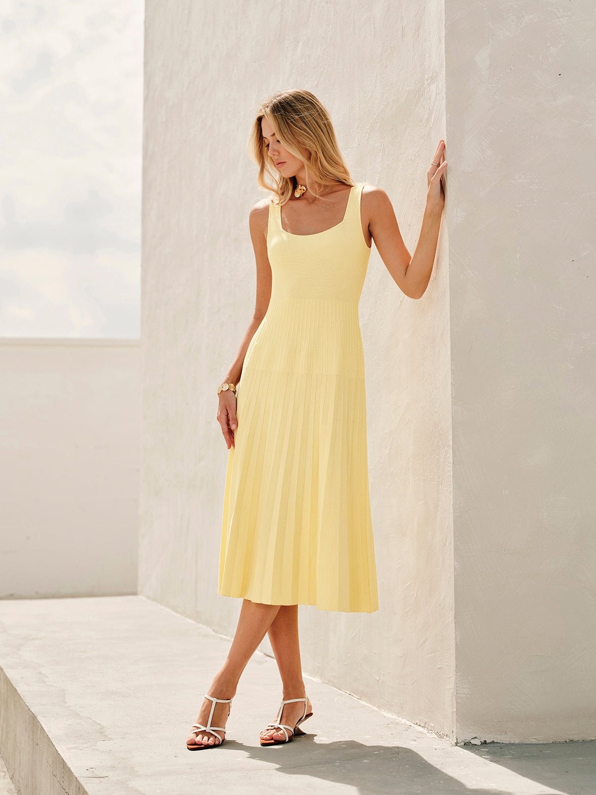 Square-Neck Ribbed Knit Dress-Mesadic