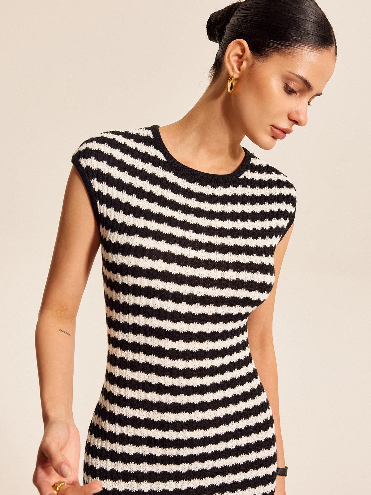 Striped Cap Sleeves Knit Dress-Massicos