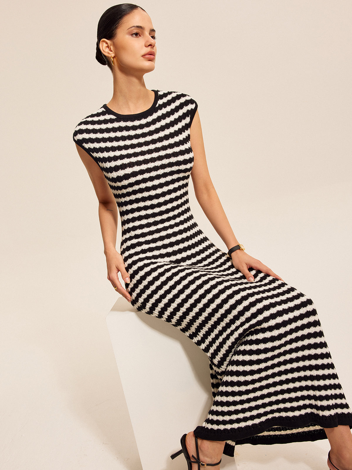 Striped Cap Sleeves Knit Dress-Massicos