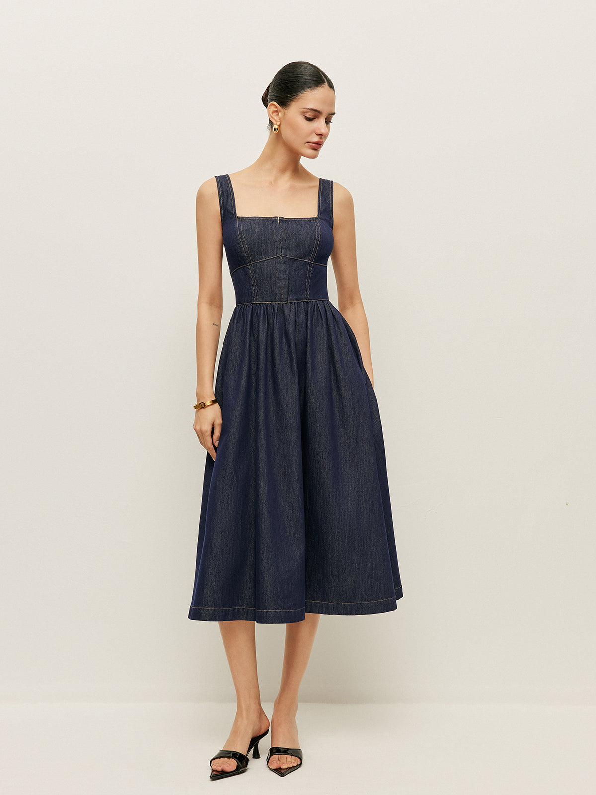Square Neck Button-Front Denim Dress-Mesadic