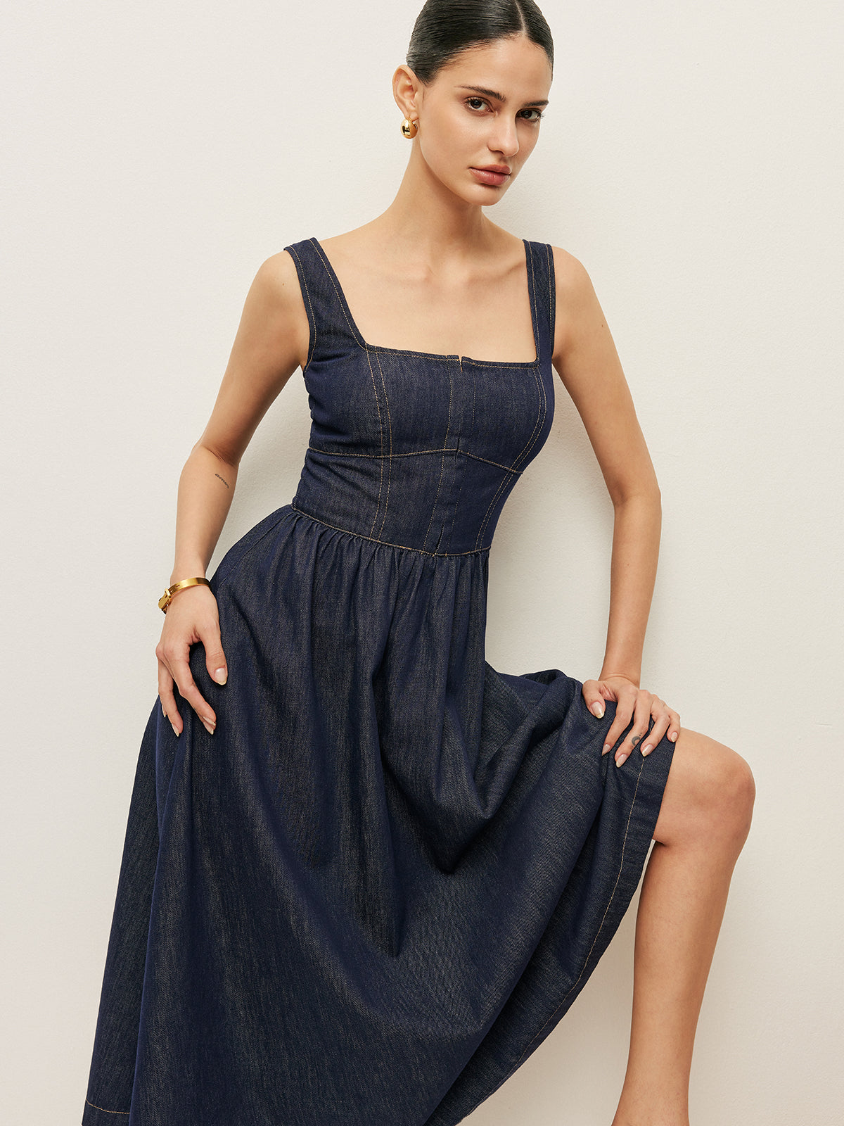 Square Neck Button-Front Denim Dress-Mesadic