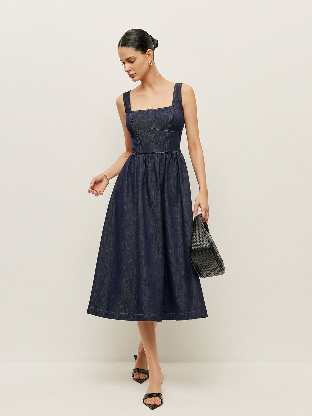 Square Neck Button-Front Denim Dress-Mesadic