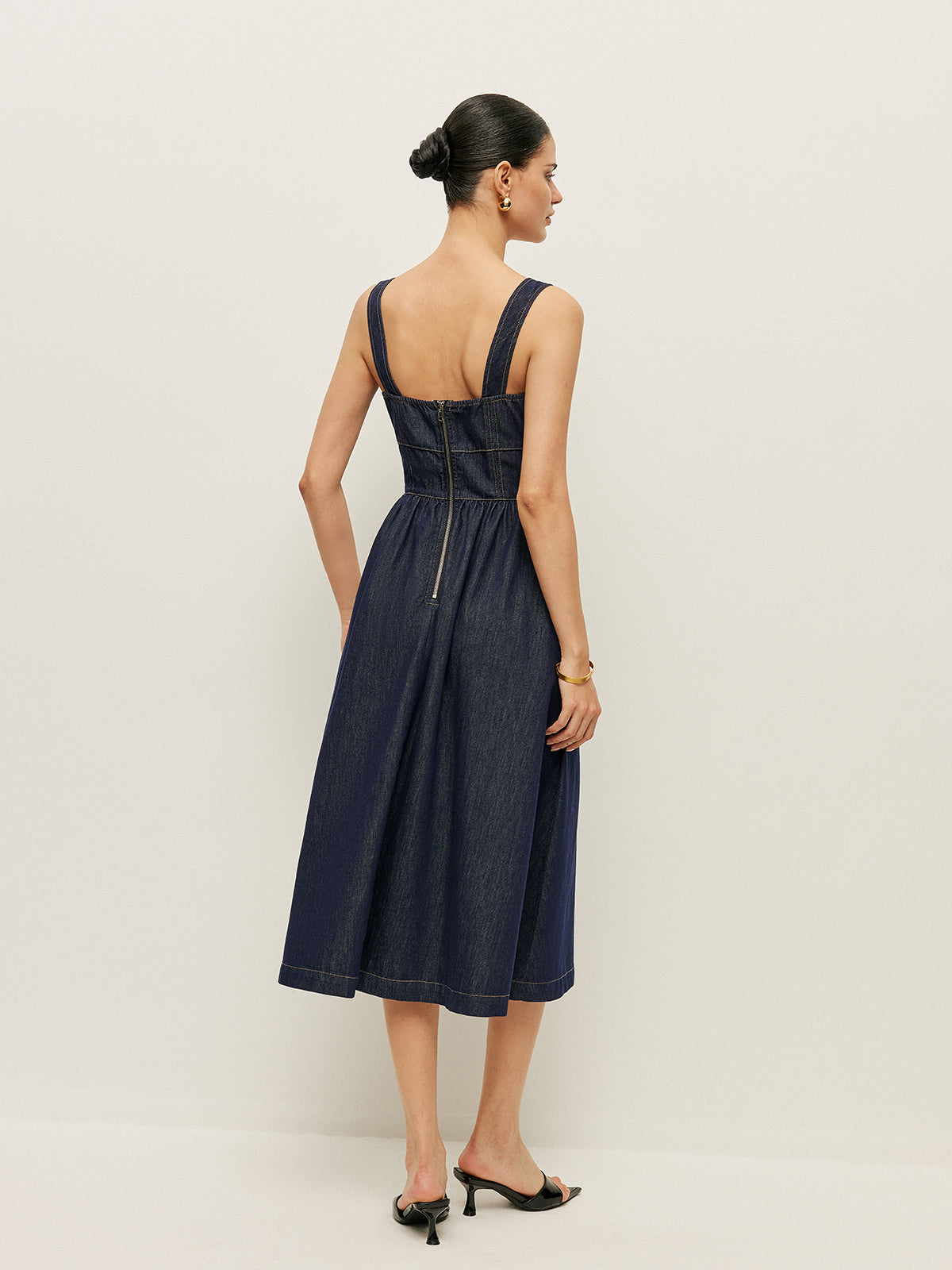 Square Neck Button-Front Denim Dress-Mesadic