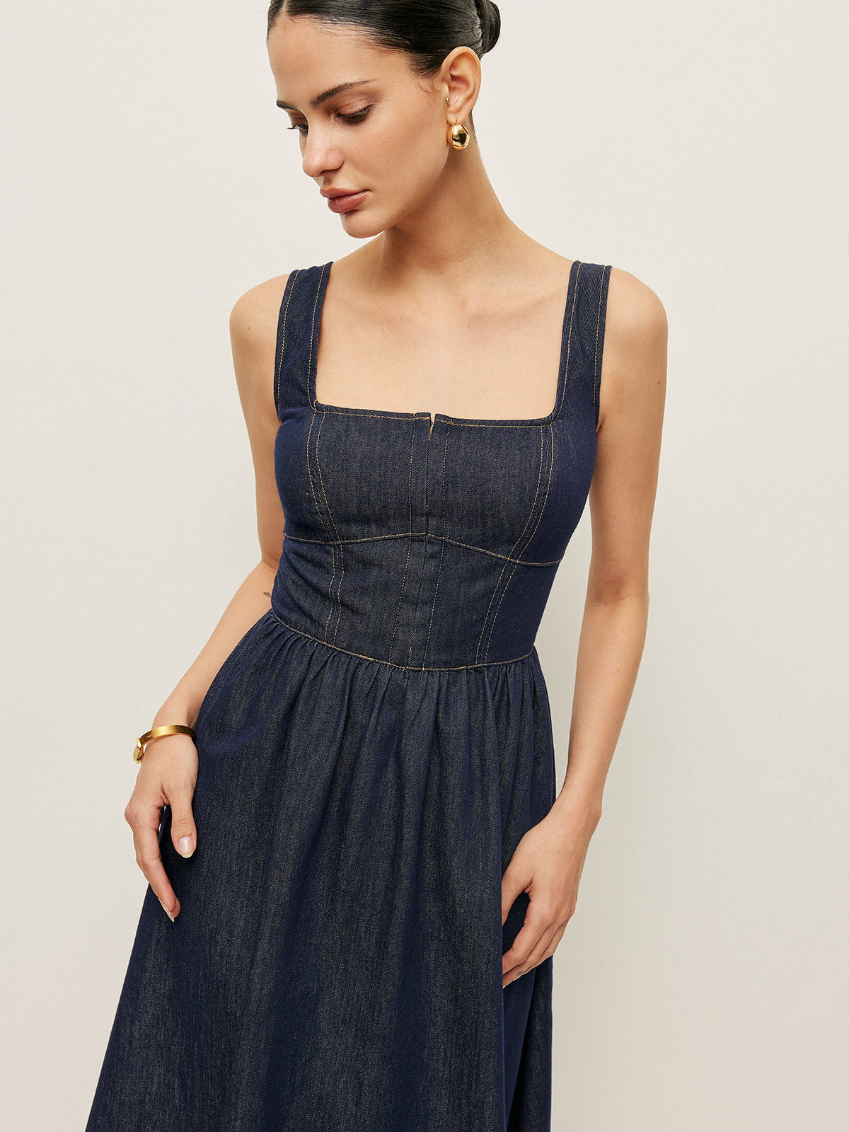 Square Neck Button-Front Denim Dress-Mesadic