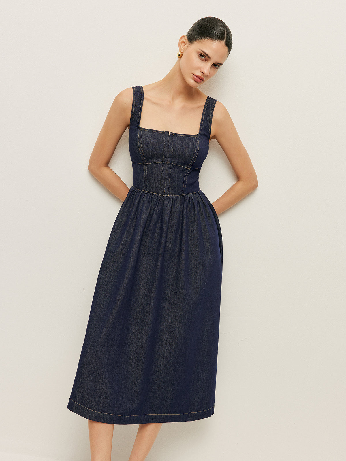 Square Neck Button-Front Denim Dress-Mesadic
