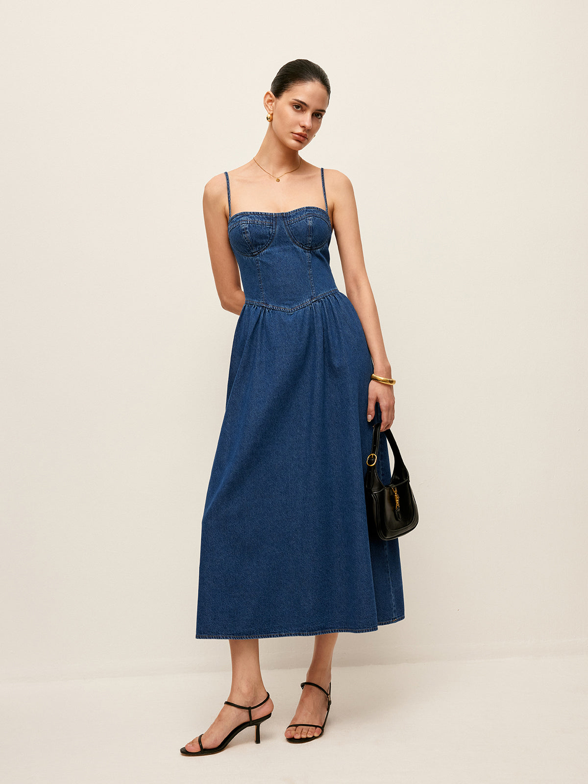 Sweetheart Collar Denim Dress-Mesadic
