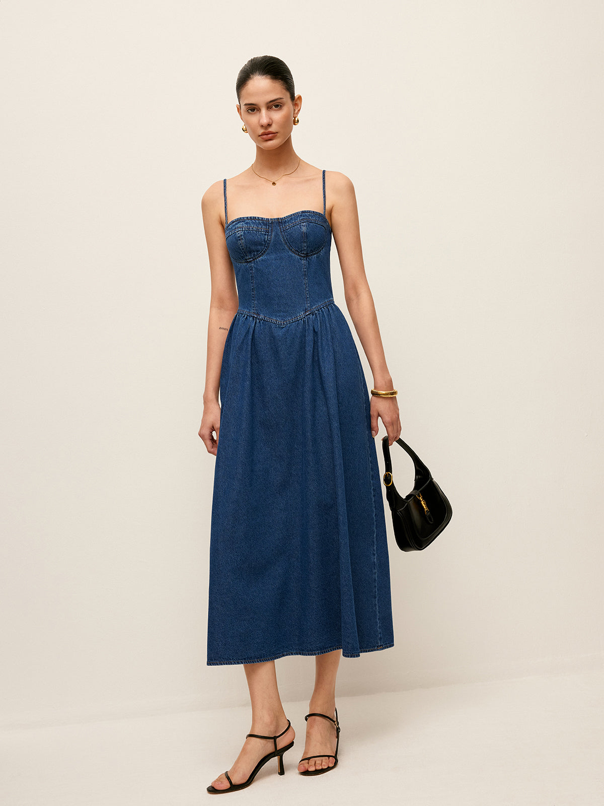 Sweetheart Collar Denim Dress-Mesadic