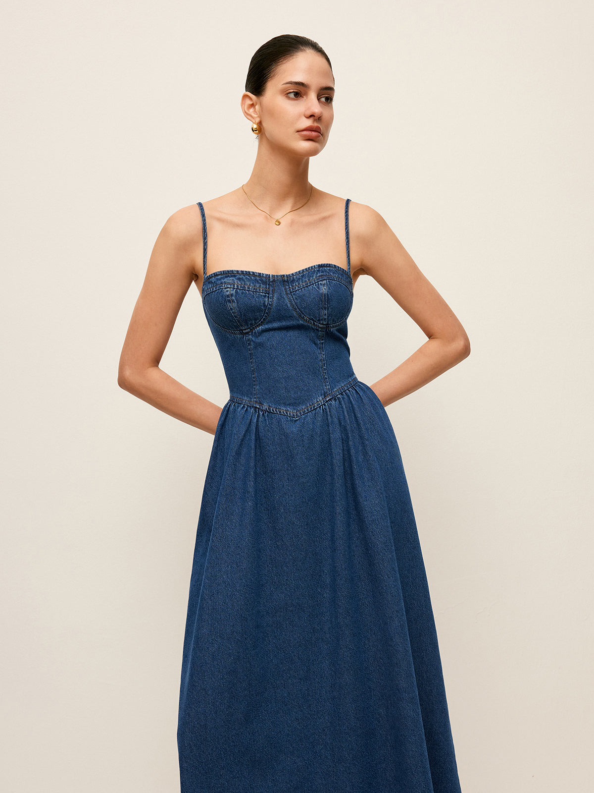 Sweetheart Collar Denim Dress-Mesadic