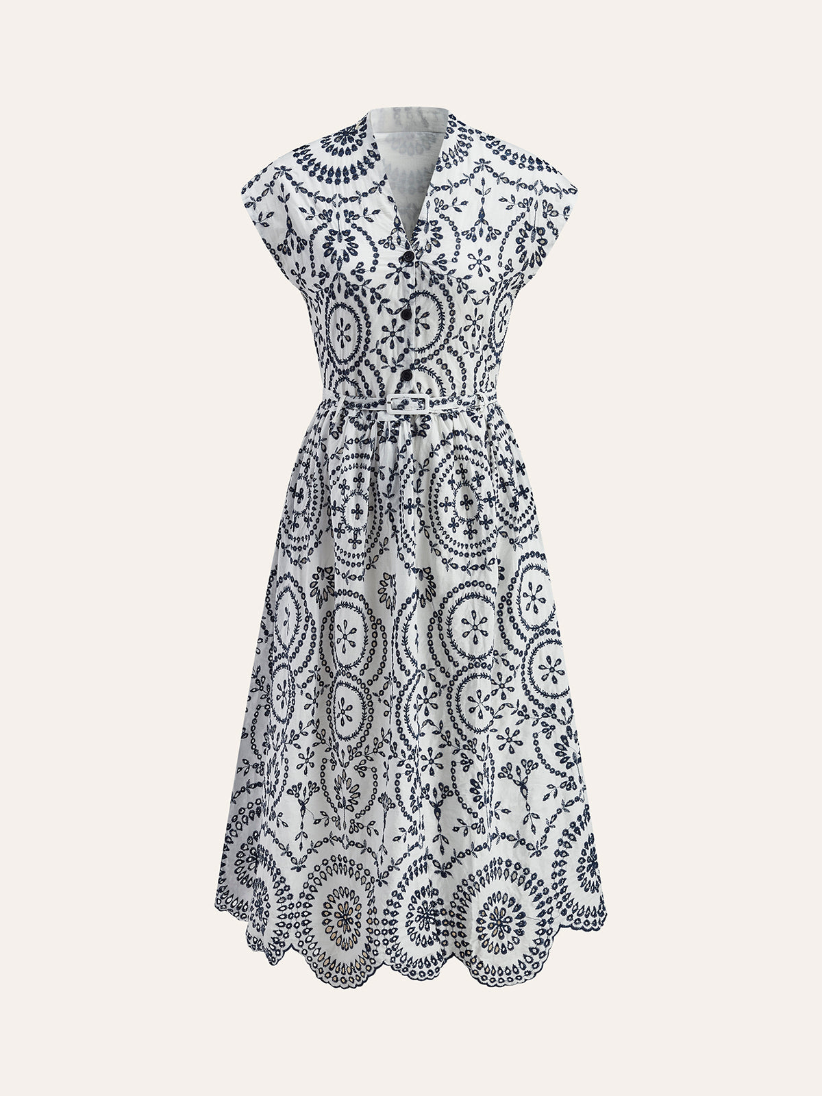 Embroidered V-Neck Belted Dress-Massicos