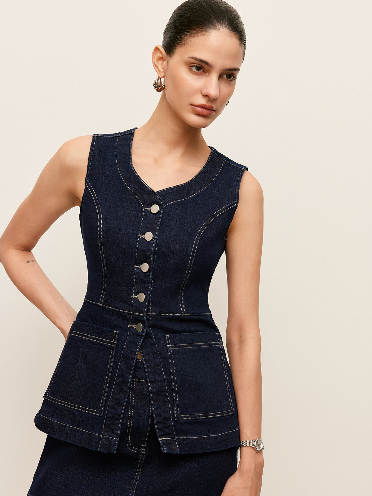Denim Button-Front Vest With Pockets-Mesadic