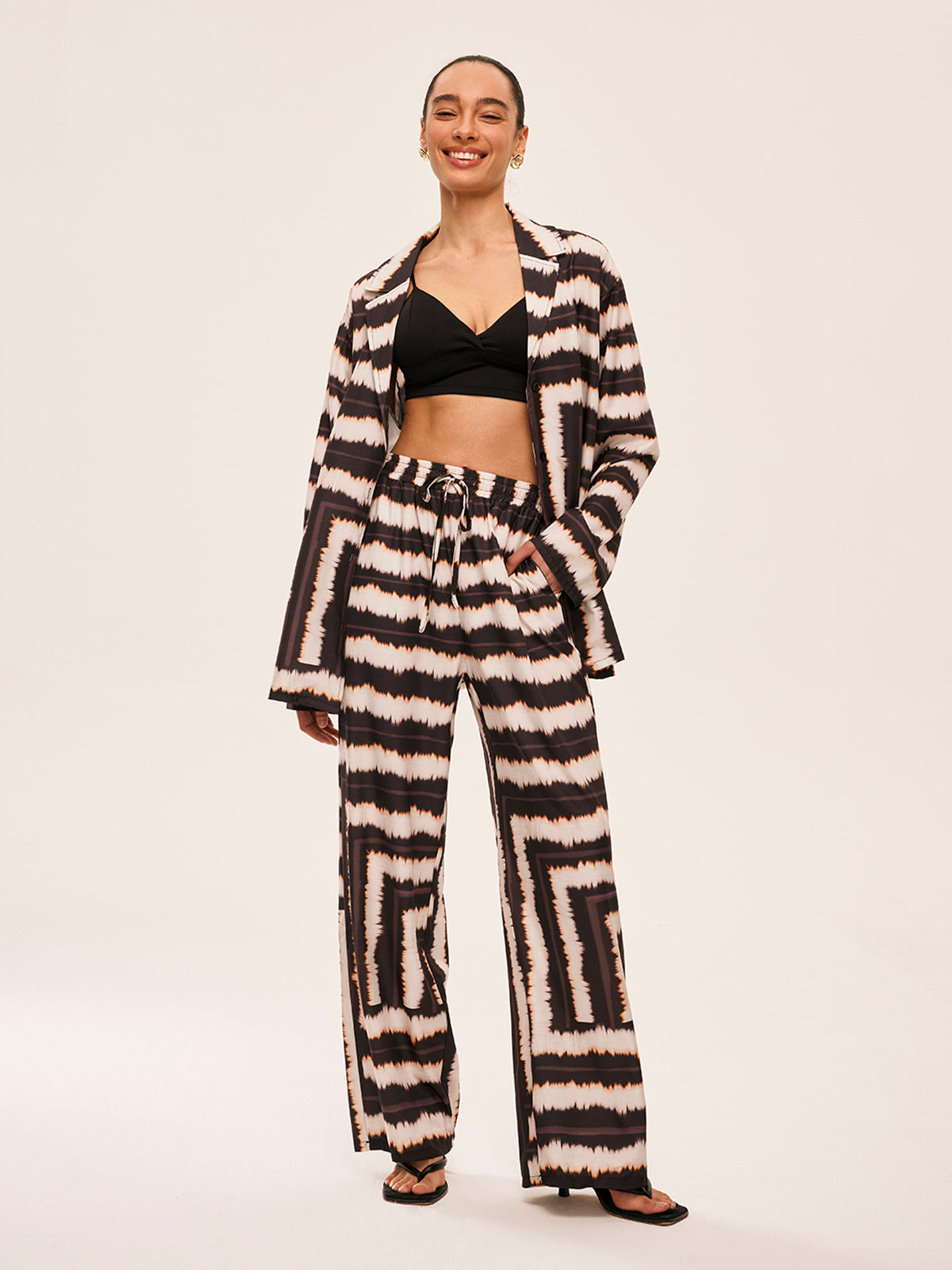 Geometric Color-Block Pants Set With Pockets-Massicos