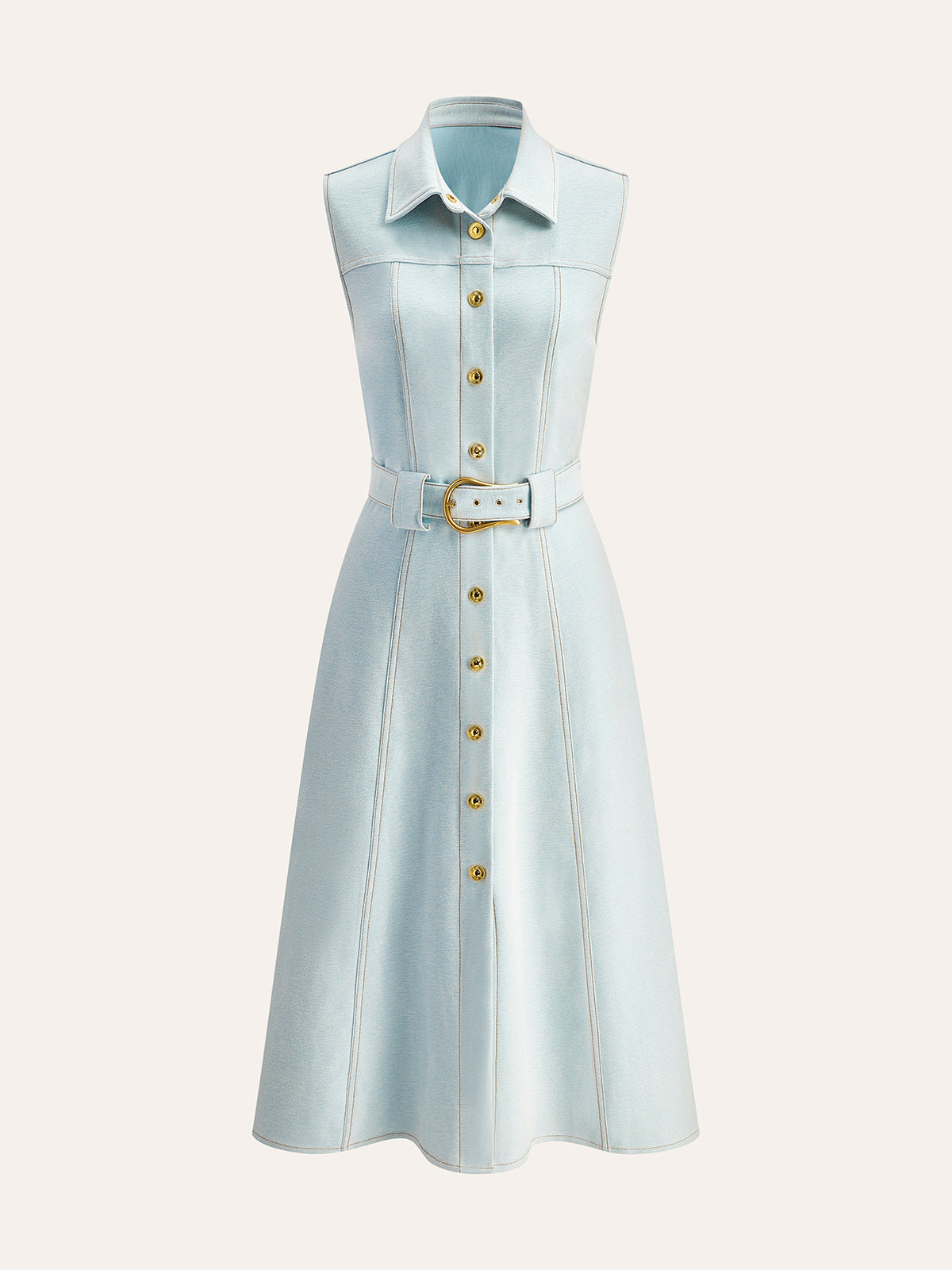 Belted Button-Front Denim Dress-Mesadic