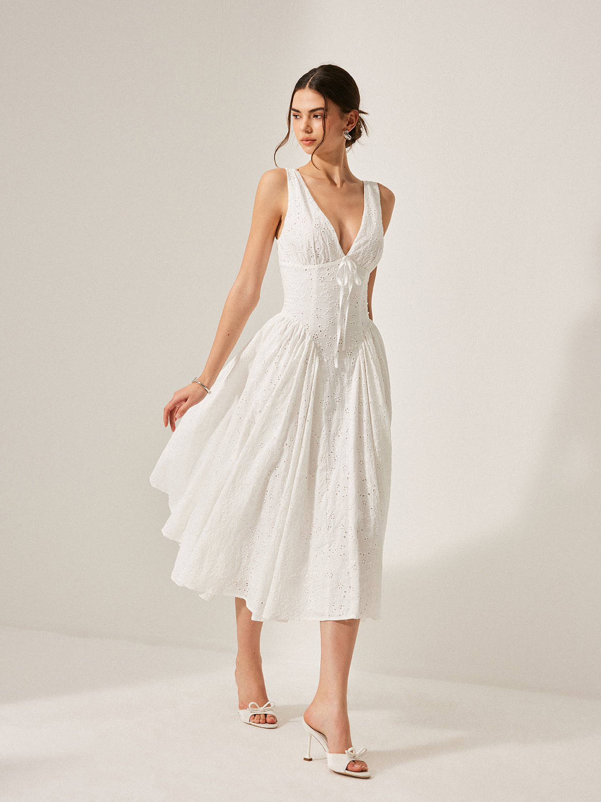 Cotton Embroidered Back Lace-Up Dress-Massicos