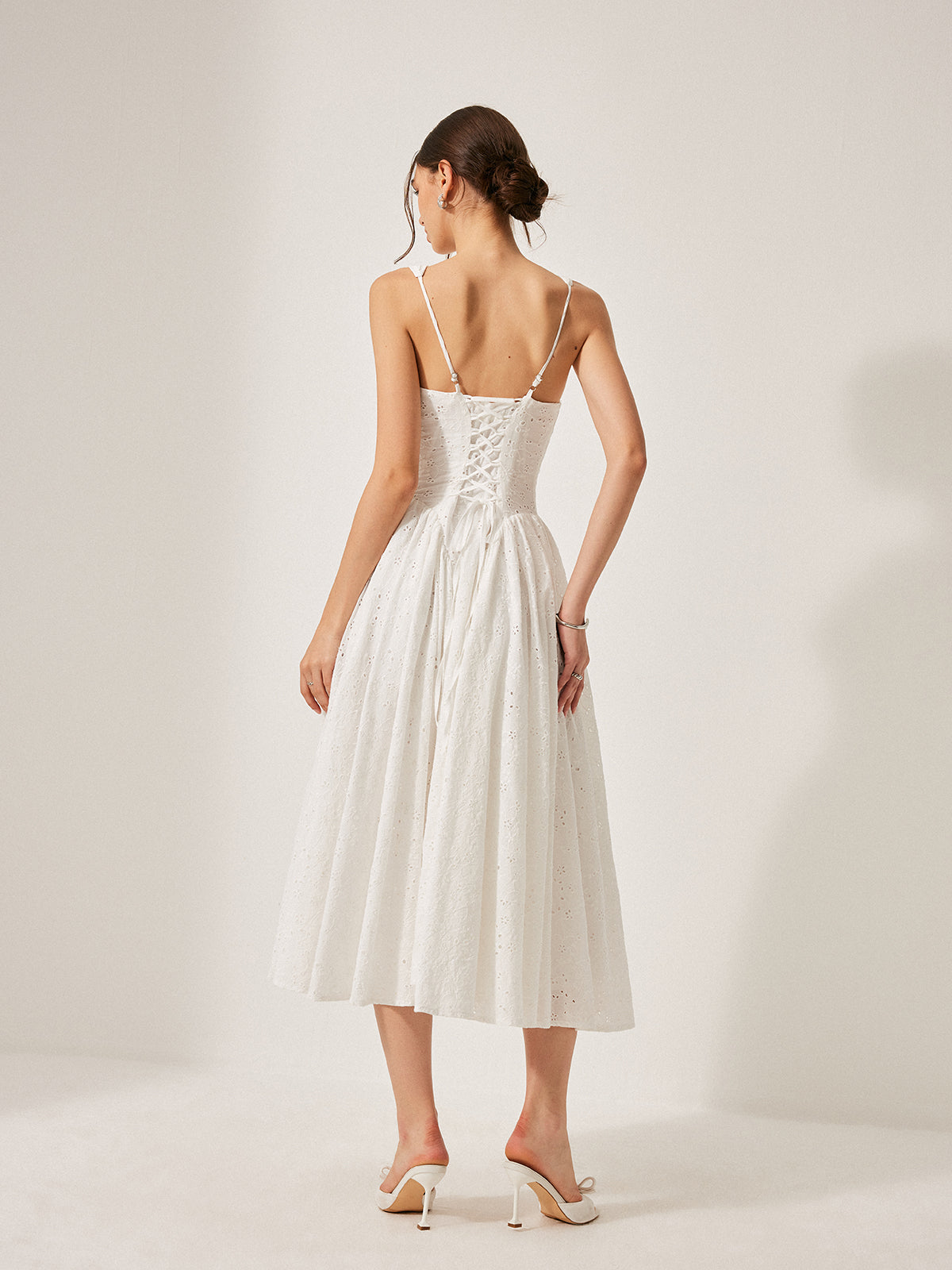 Cotton Embroidered Back Lace-Up Dress-Massicos