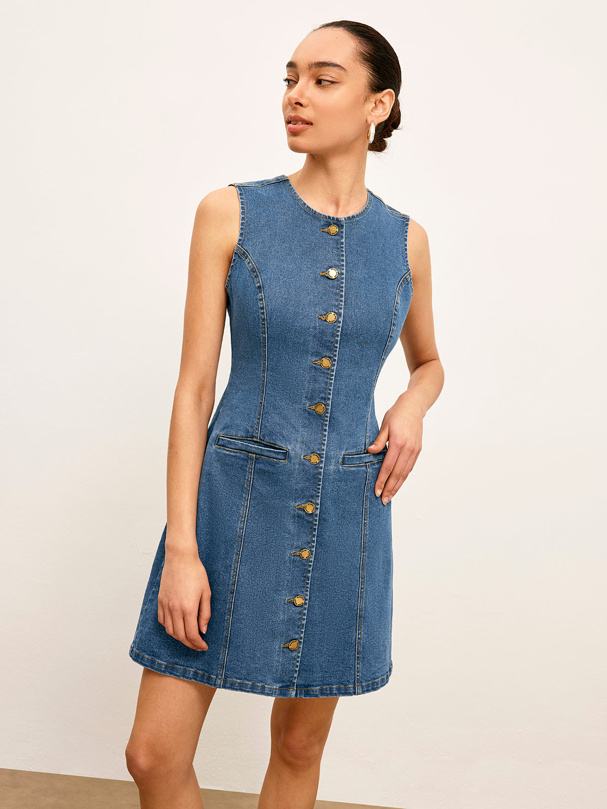 Button Detail Pockets Denim Dress-Mesadic