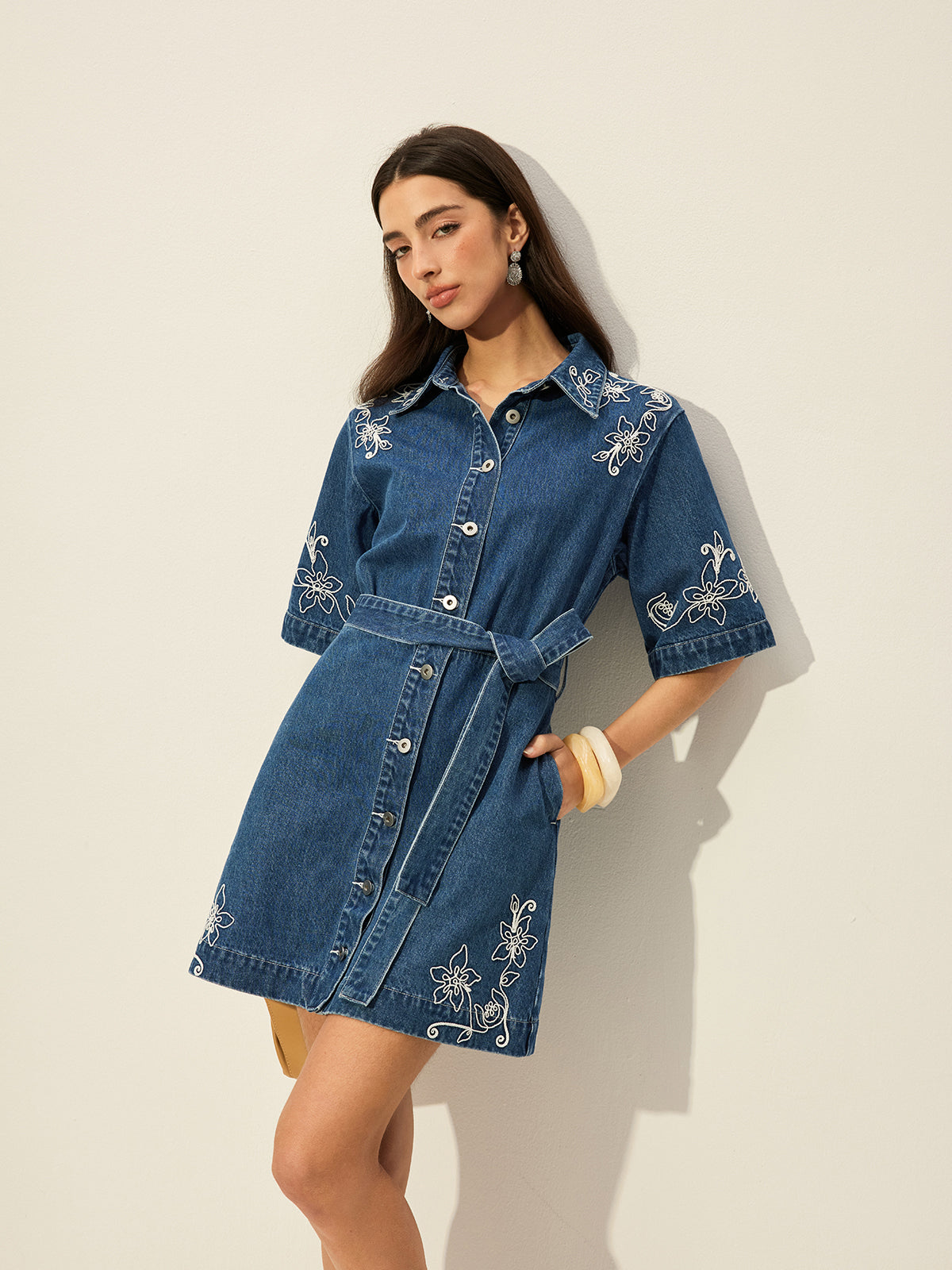 Embroidered Denim Shirt Dress With Belt-Mesadic