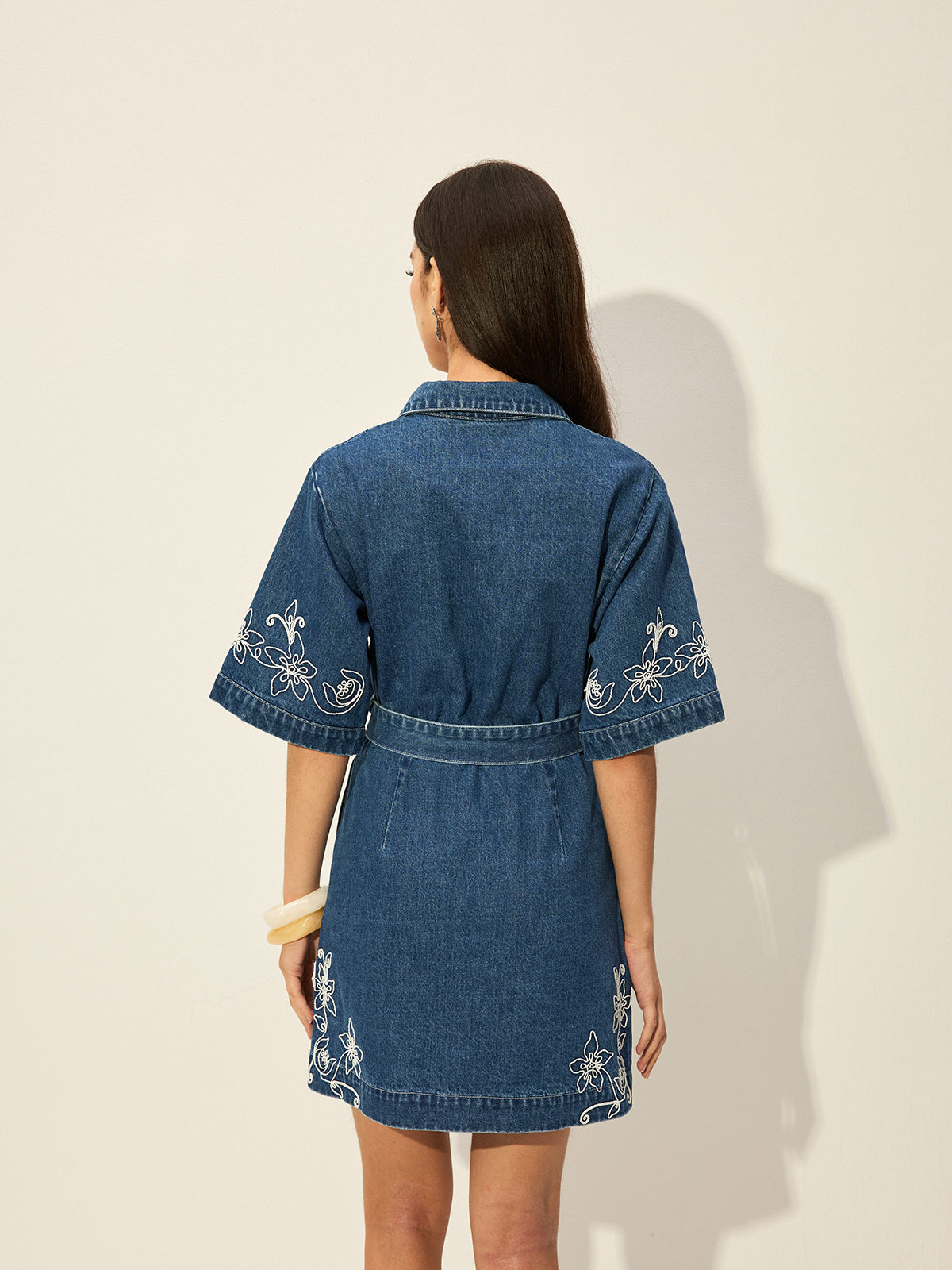 Embroidered Denim Shirt Dress With Belt-Mesadic