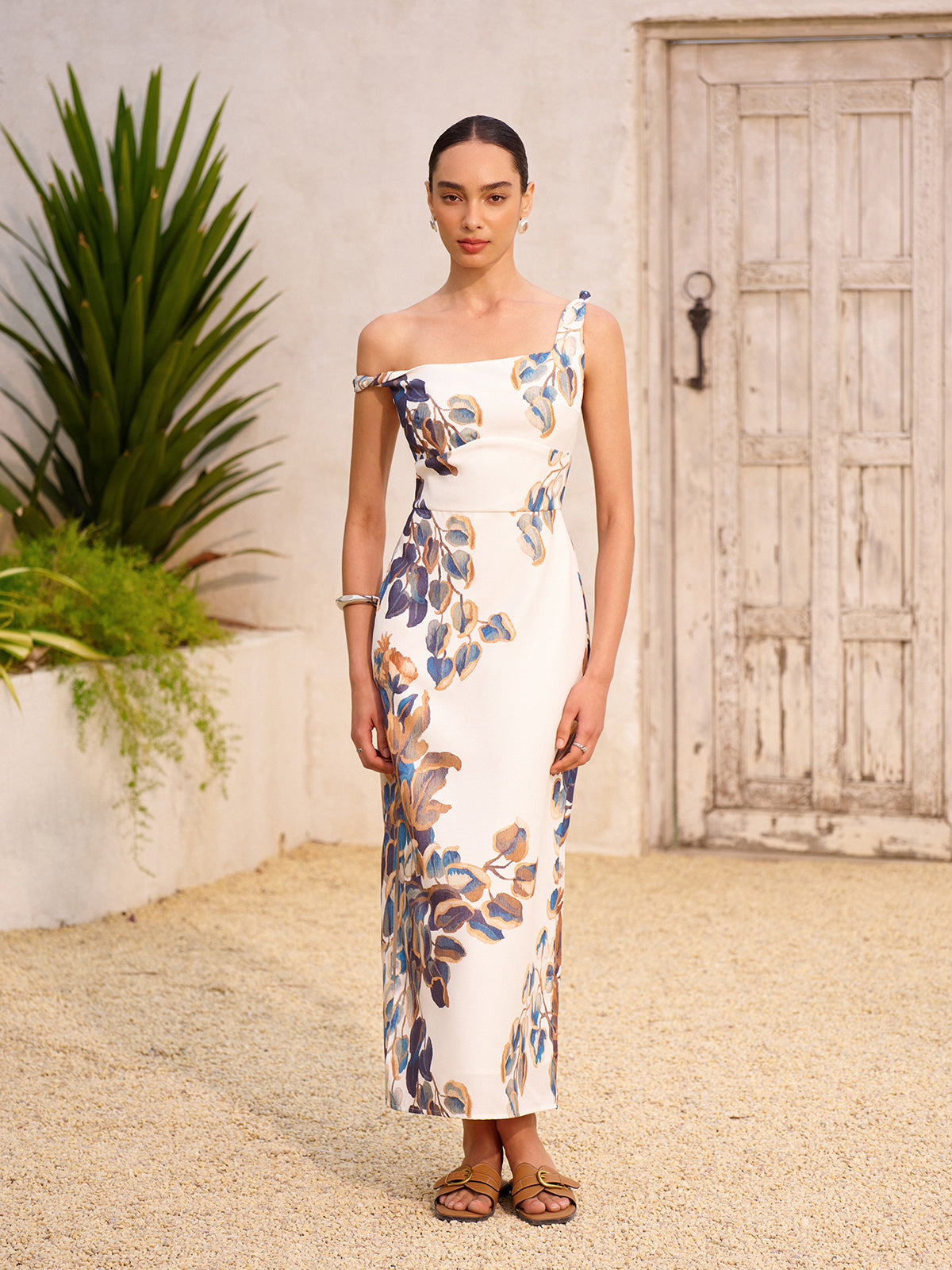 Boho Print Asymmetrical Neck Zipper Split Dress-Massicos