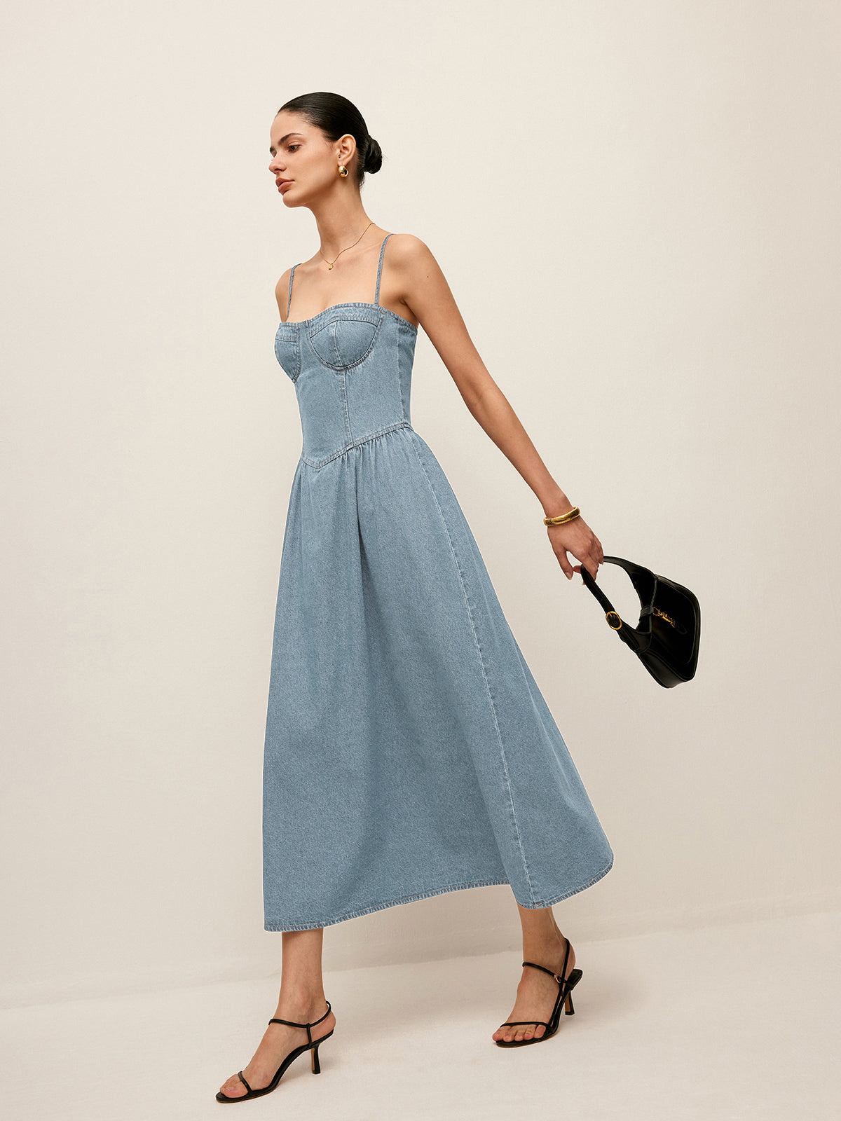 Sweetheart Collar Denim Dress-Mesadic
