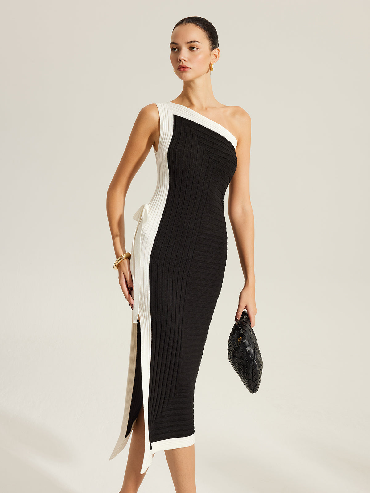 Side Tie Color-Block One-Shoulder Knit Dress-Massicos