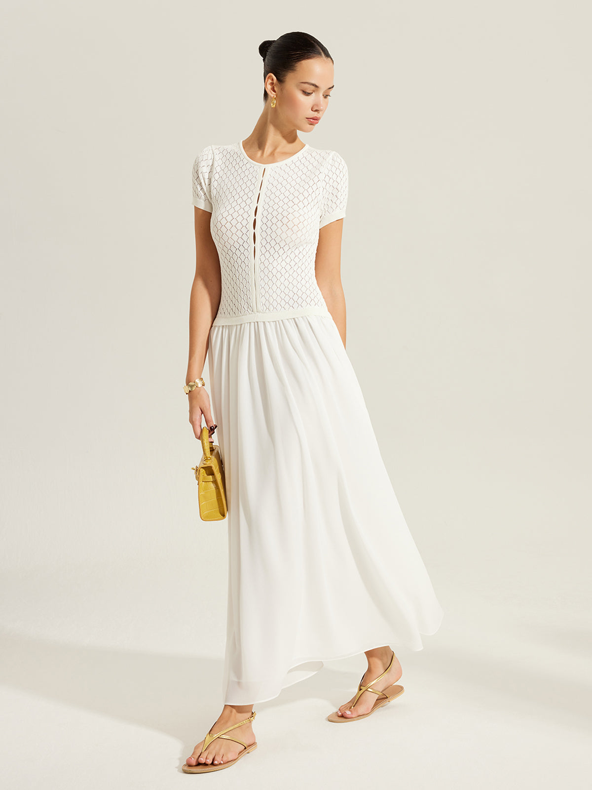 Sheer-Panel Button-Front Knit Dress-Massicos