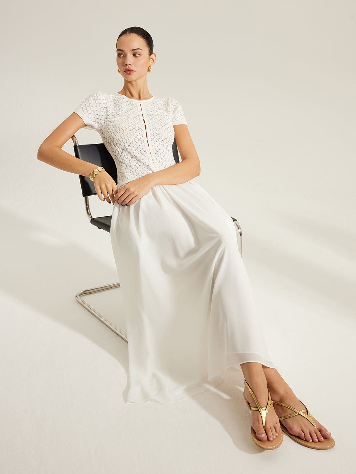 Sheer-Panel Button-Front Knit Dress-Massicos