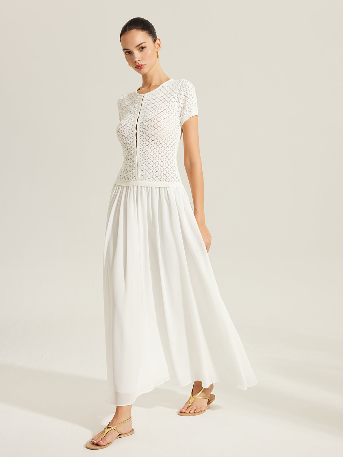 Sheer-Panel Button-Front Knit Dress-Massicos